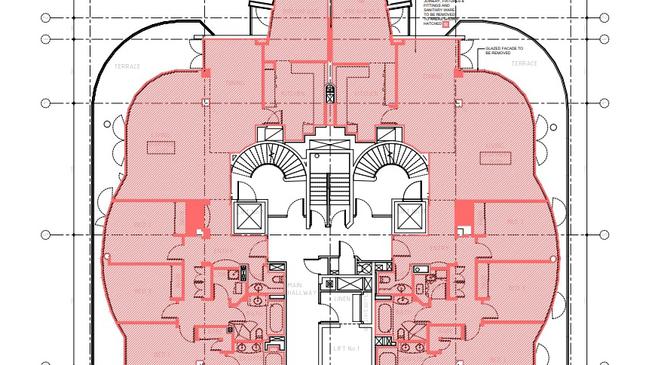 Plans showing sections of the two apartments that would be demolished (seen in red)