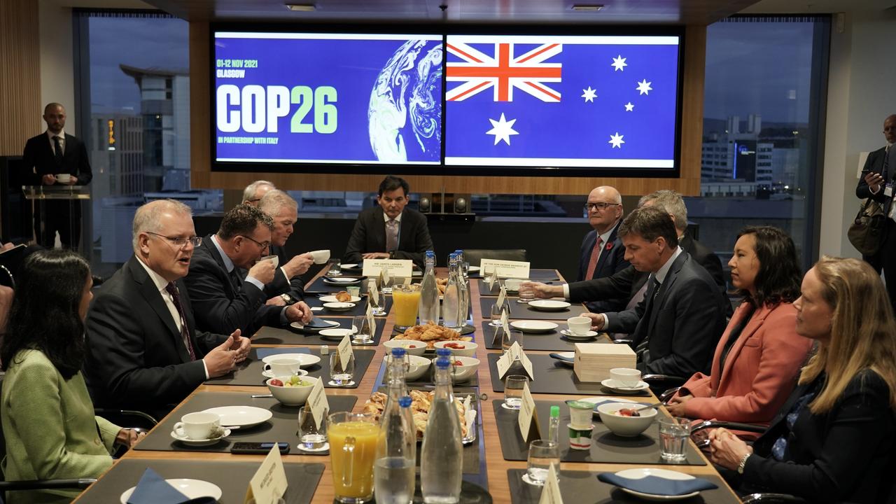 Prime Minister Scott Morrison (second from the left) holds a breakfast summit at the COP26 Climate summit in Glasgow on November 2, 2021. Picture: Adam Taylor