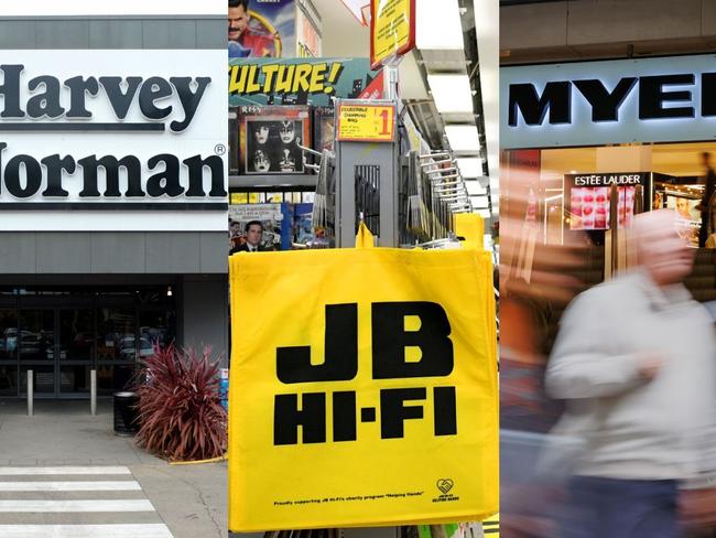 Harvey Norman, JB HiFi and Myer. Picture: NewsWire