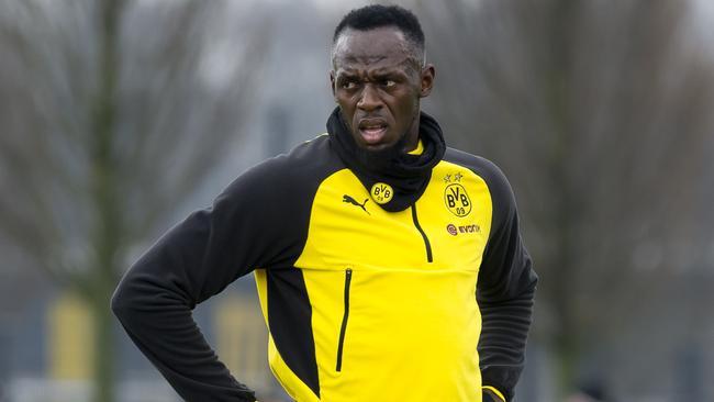 Olympic sprint champion Usain Bolt pictured training with Borussia Dortmund. The Central Coast Mariners are hoping he will trial with the club ahead of a possible A-League stint.