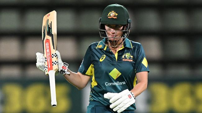 HOBART, AUSTRALIA - JANUARY 30: Beth Mooney of Australia celebrates scoring a half century during game three of the Women's T20 International series between Australia and South Africa at Blundstone Arena on January 30, 2024 in Hobart, Australia. (Photo by Steve Bell/Getty Images)