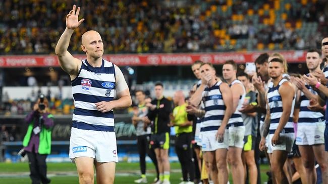 Gary Ablett waves goodbye to the crowd as he walks off after his final AFL game on Saturday night. Picture: Getty Images