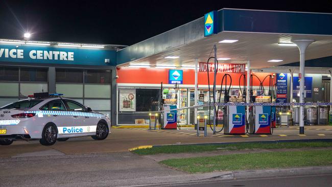 A crime scene is established at Budget Petrol, Kildare Rd, Blacktown. Picture: Dean Asher