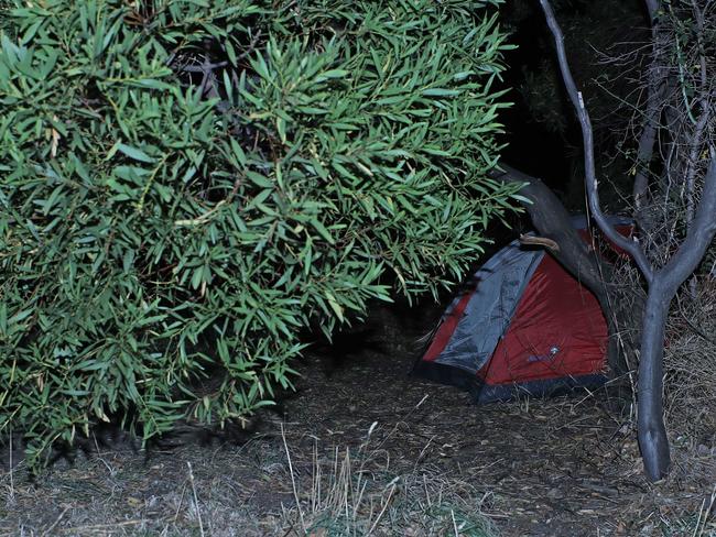 A tent where someone is living just outside Hobart’s CBD. Picture: LUKE BOWDEN