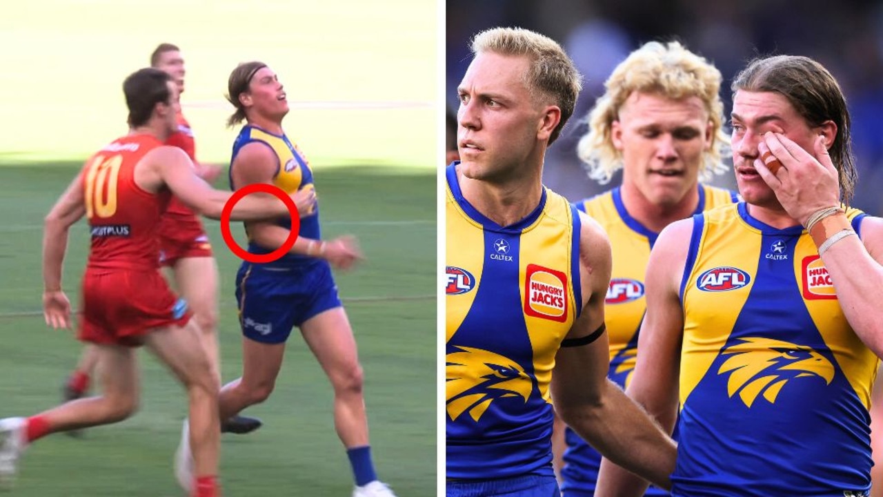 Harley Reid has been called out for a flop after contact from Charlie Ballard. Image: Fox Footy/Getty