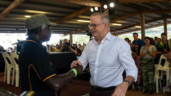 Djawa Yunupingu and Anthony Albanese at the Garma Festival 2023. Picture: Pema Tamang Pakhrin