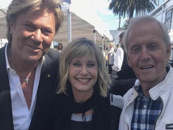 Paul Hogan with Richard Wilkins and Olivia Newton-John in 2018. Picture: Supplied