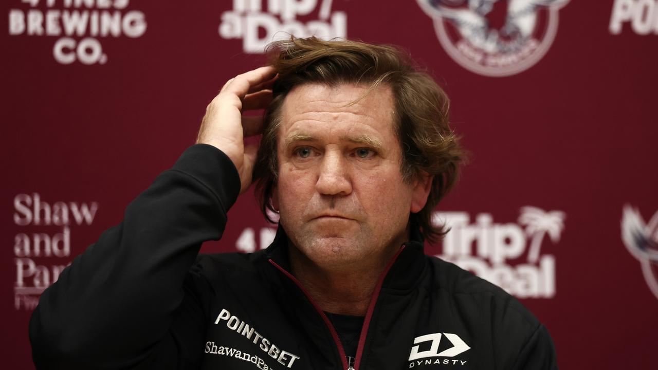 Sea Eagles coach Des Hasler speaks to the media during a Manly Warringah Sea Eagles NRL media opportunity at 4 Pines Park on July 26, 2022 in Sydney, Australia.