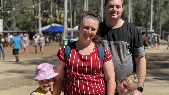 Hannah Davis, Aiden Laxton, Skye Laxton and Abby Laxton, from North Lakes, enjoy day one of the 2024 Gympie Muster, at the Amamoor State Forest on August 22, 2024.