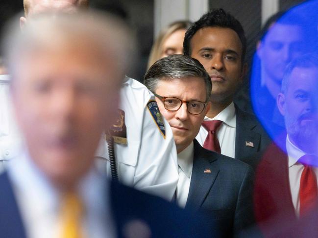 Republican House Speaker Mike Johnson and former presidential candidate Vivek Ramaswamy support Donald Trump at his criminal trial. Picture: Justin Lane (AFP)