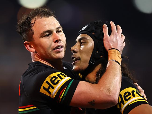 PENRITH, AUSTRALIA - JULY 29: Dylan Edwards of the Panthers embrace with Jarome Luai of the Panthers during the round 22 NRL match between Penrith Panthers and Cronulla Sharks at BlueBet Stadium on July 29, 2023 in Penrith, Australia. (Photo by Jeremy Ng/Getty Images)