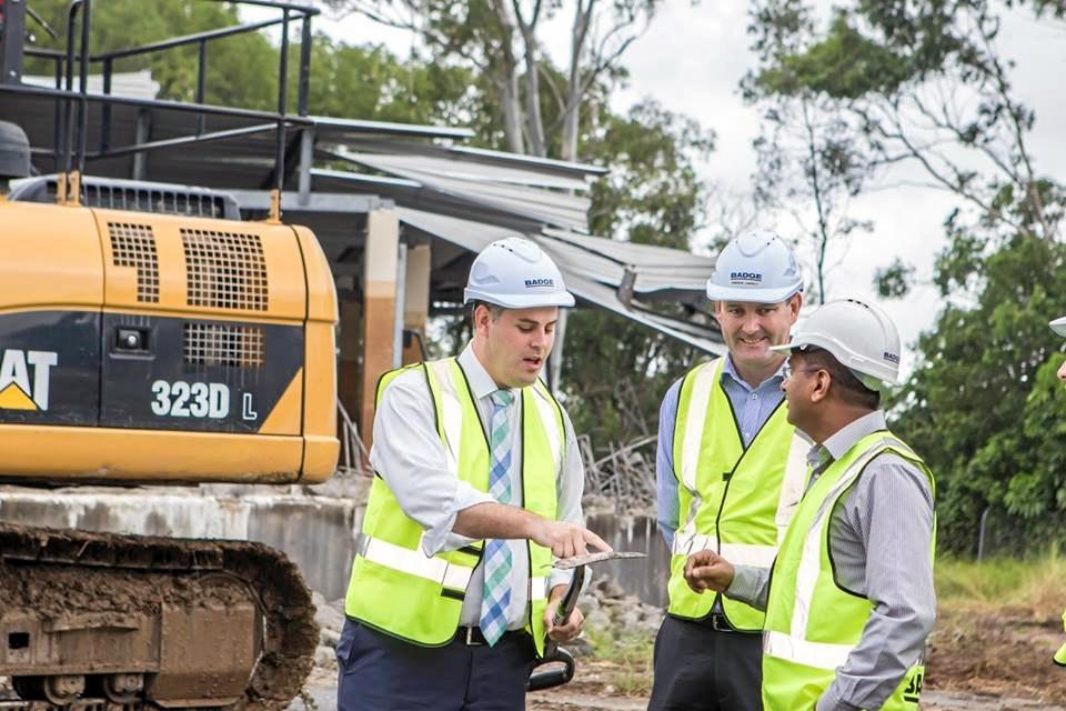 Police Minister Mark Ryan with Badge Sunshine Coast manager Andrew Lanskey and construction manager Mahesh Ghodke on site at Caboolture. Picture: Yvonne Packbier