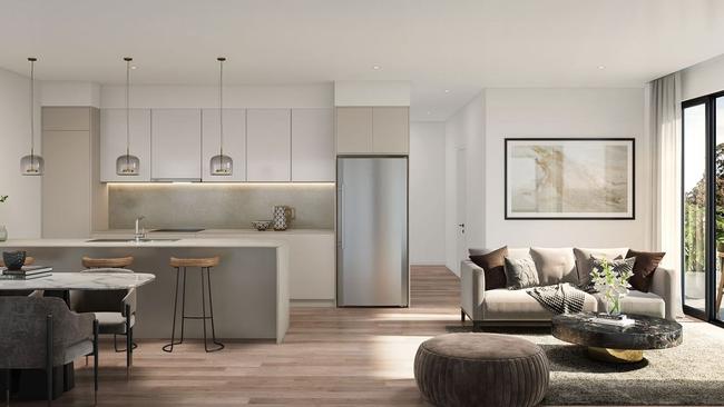 A look at the kitchen and living room in the upcoming St Georges Basin apartment complex. Picture: Supplied.