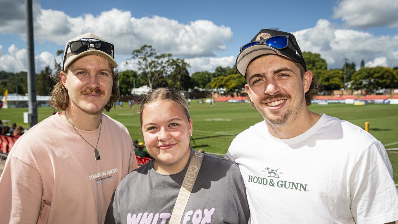 Backing the Western Clydesdales are (from left) Lachie Williams, Denai Pickering and Mitch Lindenmayer at Clive Berghofer Stadium, Saturday, March 9, 2024. Picture: Kevin Farmer