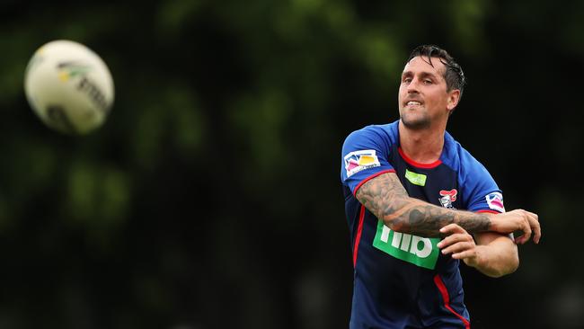 Mitchell Pearce has turned out for his first training session with his new club the Newcastle Knights. Picture: Brett Costello