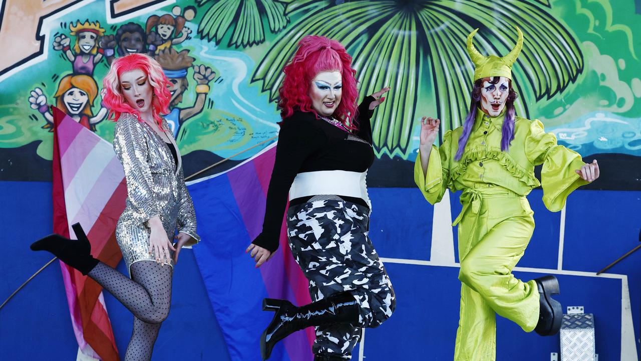 Little Fabulous, Cosmic Sin and Kevin perform on stage at the Cairns Pride Evening of Light at Forgarty Park on Sunday, part the 2023 Cairns Pride Festival. Picture: Brendan Radke