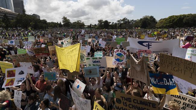 A large crowd of protesters hold up signs during the Climate Strike at the Domain, part of a global mass day of action. Picture: Getty