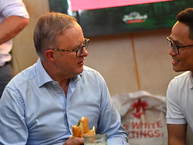 Mr Albanese speaks during lunch at a street vendor's restaurant in Hanoi. Picture: Nhac Nguyen