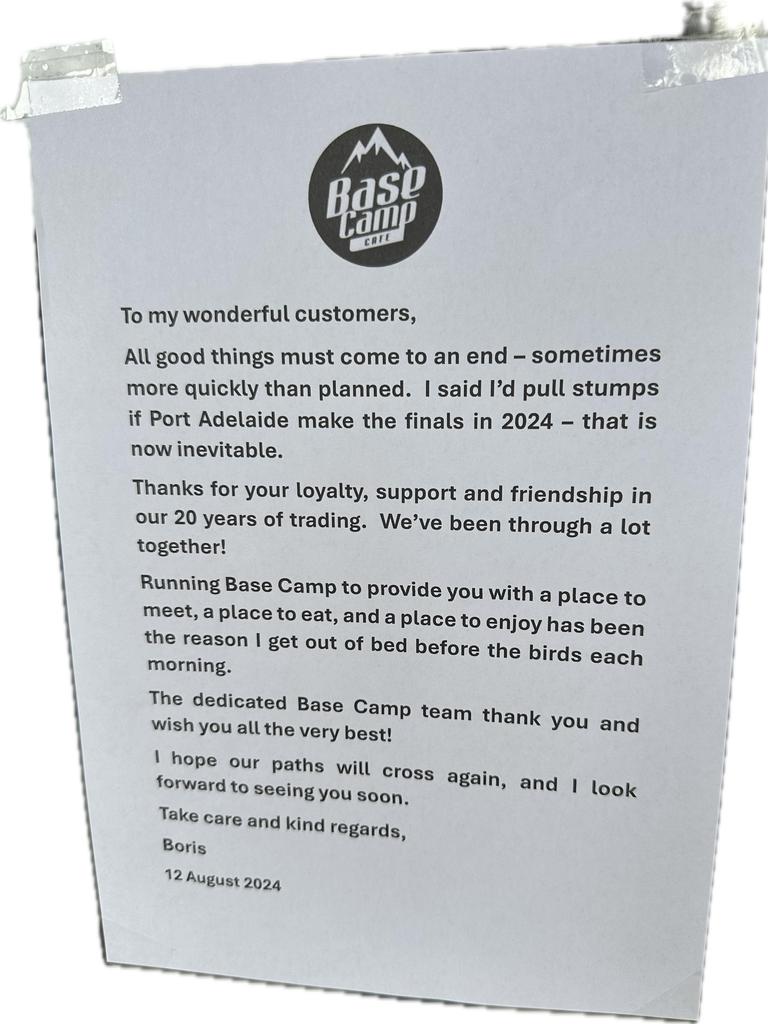 The Base Camp Cafe Burnside closure note written by owner Boris Vidic.