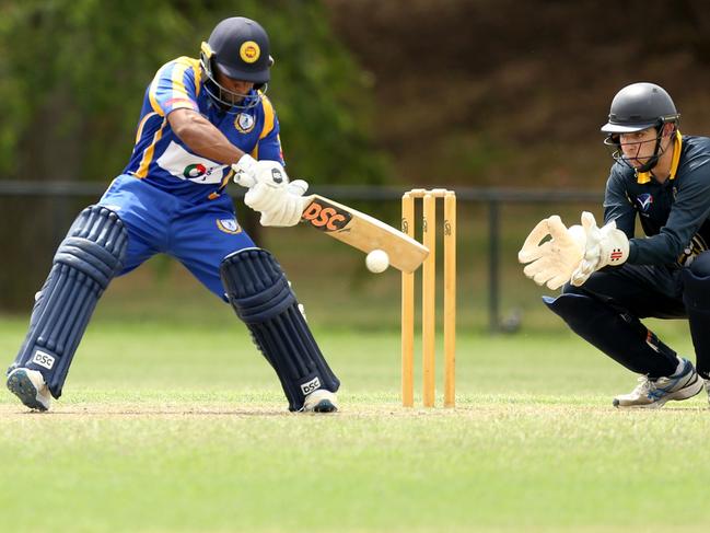 Noble Park batsman Jeevan Mendis on the attack. Picture: Stuart Milligan