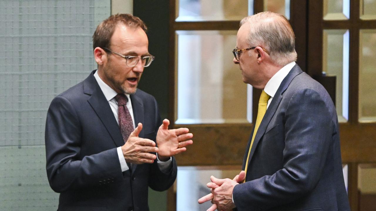 Leader of the Australian Greens Adam Bandt and Anthony Albanes. The Greens are threatening to disrupt the proposed income tax cuts to force the government to provide rent relief and hit the rich harder. Picture: NCA NewsWire / Martin Ollman