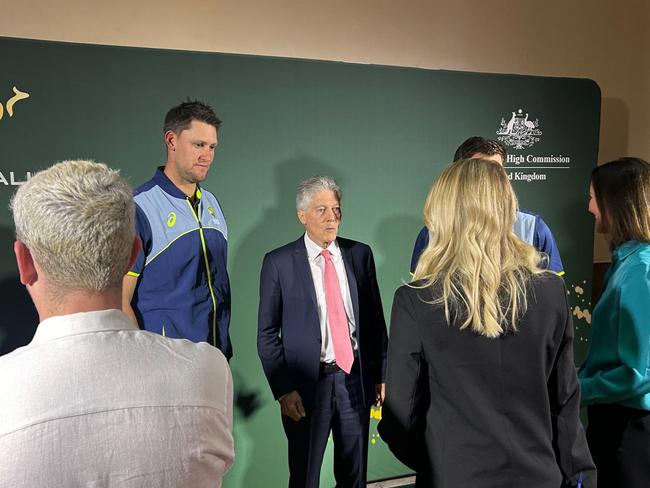 Australian High Commissioner Stephen Smith stand next to Beau Webster as he hosts an event with the Australian Men's Cricket Team at Australia House in London. Picture: Sophie Elsworth