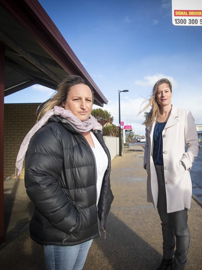 Concerned mother Lucy Bradshaw, of Dodges Ferry, with Labor leader Rebecca White, discussing overcrowding on school buses. Picture: LUKE BOWDEN