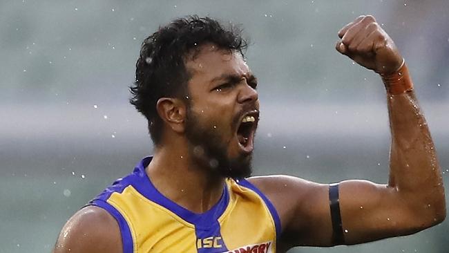 MELBOURNE, AUSTRALIA – AUGUST 18: Willie Rioli of the Eagles celebrates a goal during the 2019 AFL round 22 match between the Richmond Tigers and the West Coast Eagles at the Melbourne Cricket Ground on August 18, 2019 in Melbourne, Australia. (Photo by Dylan Burns/AFL Photos)