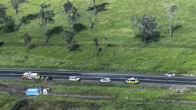 RACQ CQ Rescue fly over the accident which saw a truck hit a pole on the Bruce Highway between Rockhampton and Mackay on the morning of Monday, March 11, 2024.