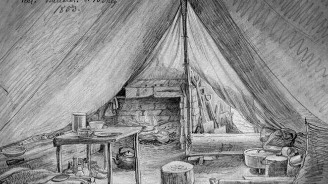 An 1853 illustration of the interior of a Victorian goldfields tent. Picture: State Library of Victoria