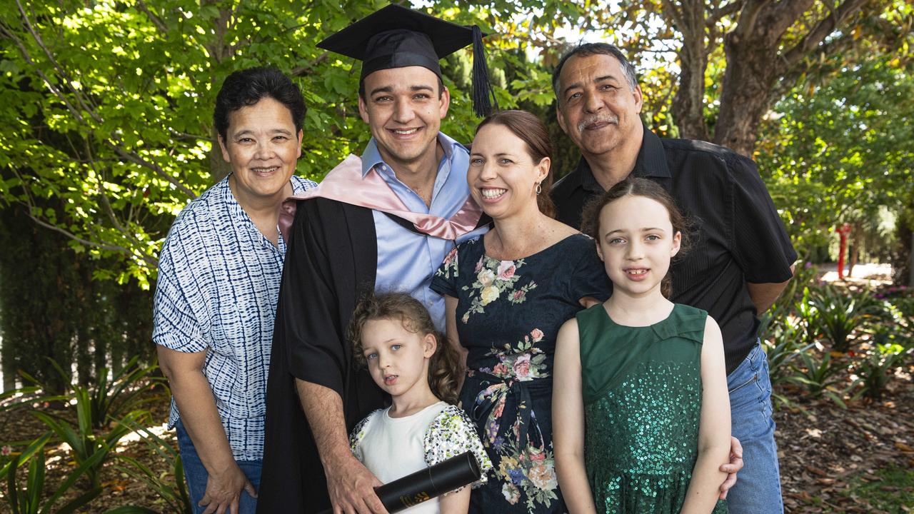 Master of Education (Guidance and Counselling) graduate Leland Palmer celebrates with (from left) Carlette, Lucy, Leesa, Lola and Kurt Palmer at a UniSQ graduation ceremony at The Empire, Tuesday, October 29, 2024. Picture: Kevin Farmer