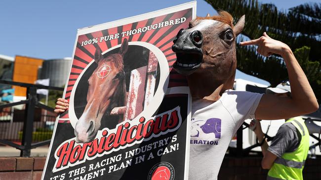 The segment sparked protests outside Royal Randwick racecourse after it aired. Picture: Mark Metcalfe