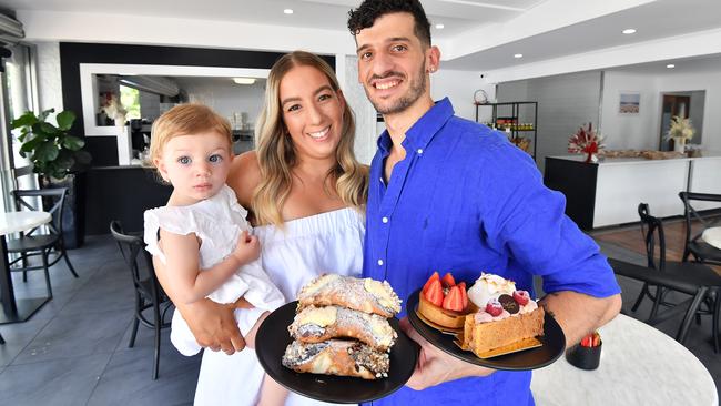 Cafe Sisily has been voted as the best cafe on the Sunshine Coast. Owners, Giuliana Steppa and Paolo Valvoletti with daughter Eliana. Picture: Patrick Woods.