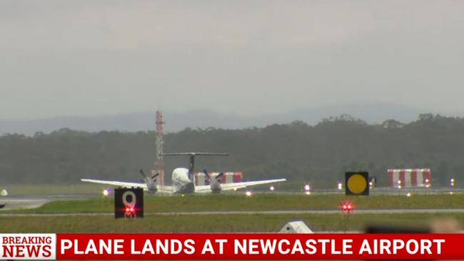 A plane has landed intact at Newcastle Airport after the landing gear reportedly failed. Picture: Sky News