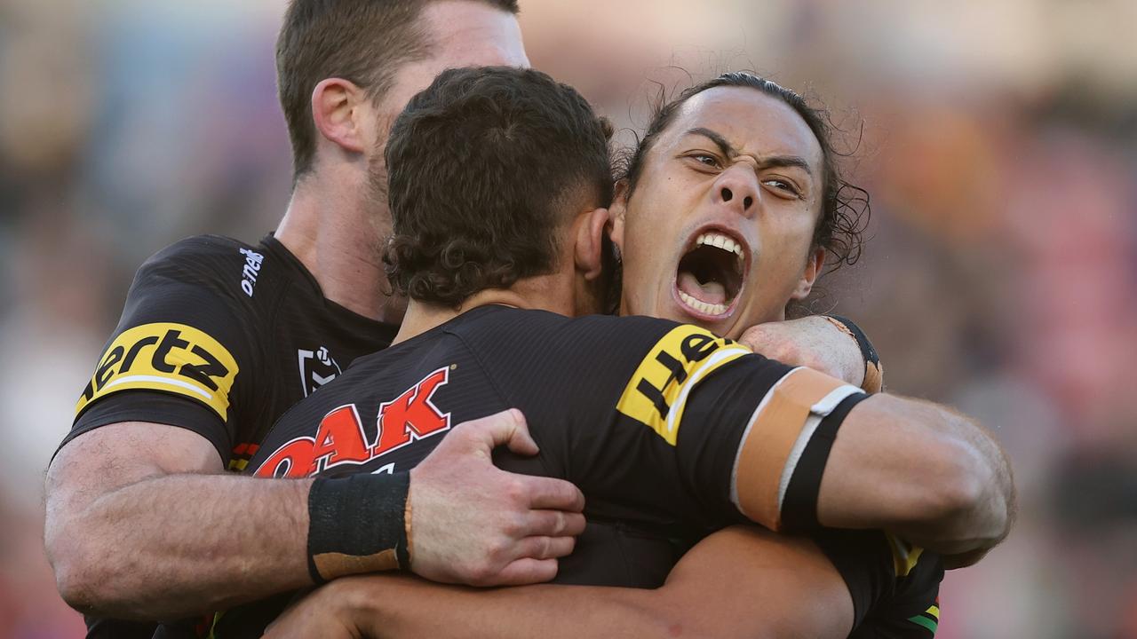 Scott Sorensen of the Panthers is tackled during the NRL Round 12 match  between the Brisbane Broncos and the Penrith Panthers at Suncorp Stadium in  Brisbane, Thursday, May 18, 2023. (AAP Image/Jono