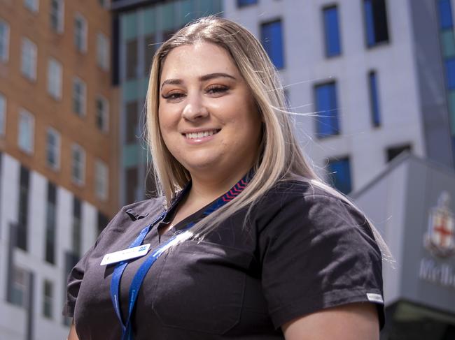 Thanks a Million Campaign nomination Katelyn Azzopardi out the front of the Royal Melbourne Hospital. She was nominated by her grandfather.Picture by Wayne Taylor 30th December 2020