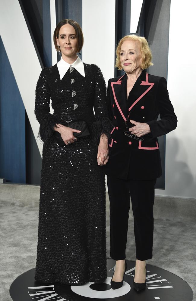 Sarah Paulson, left, and Holland Taylor arrive at the Vanity Fair Oscar Party on Sunday, Feb. 9, 2020, in Beverly Hills, Calif. (Photo by Evan Agostini/Invision/AP)