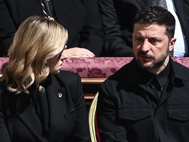 Ukraine's President Volodymyr Zelensky with wife Olena Zelenska opted for his signature utilitarian look. Picture: AP
