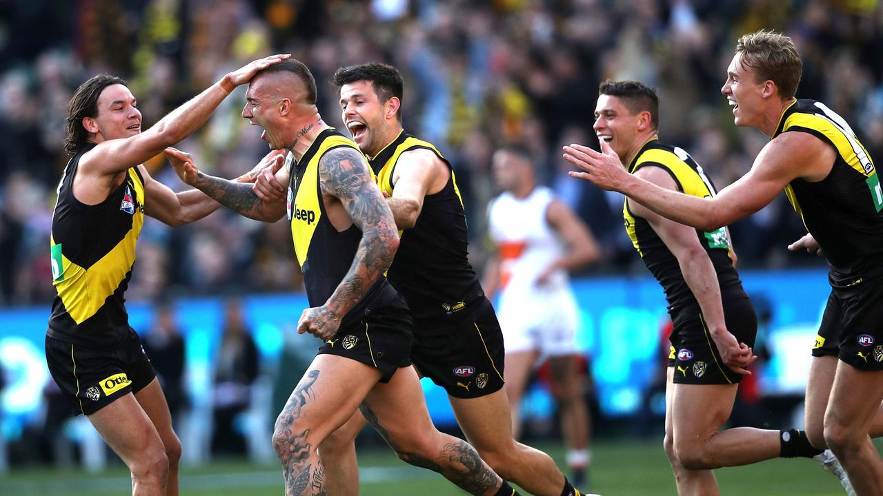 A pat on the head for Richmond's Dustin Martin after last quarter goal during the AFL Grand Final between the GWS Giants and Richmond Tigers at the MCG on September 28, 2019 in Melbourne. Picture. Phil Hillyard