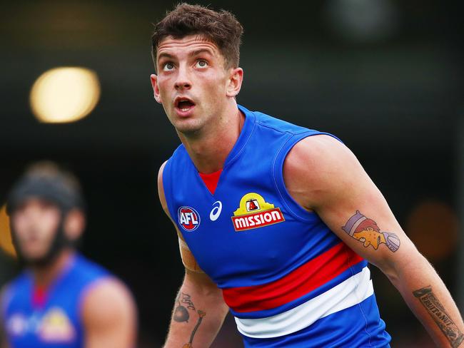 BALLARAT, AUSTRALIA - MARCH 10: Tom Liberatore  of the Bulldogs looks on with his tattoos during the 2019 JLT Community Series AFL match between the Western Bulldogs and the St Kilda Saints at Mars Stadium on March 10, 2019 in Ballarat, Australia. (Photo by Scott Barbour/Getty Images)