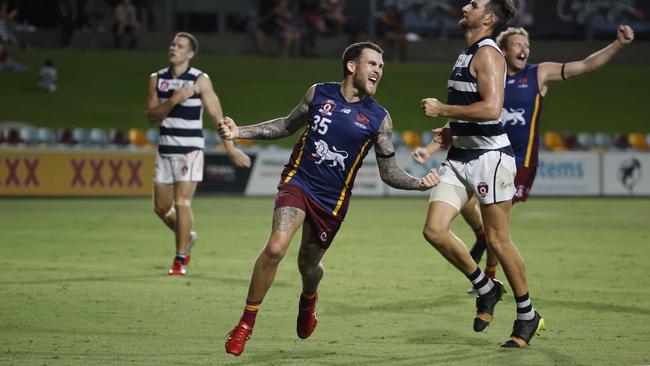 Jayden Magro celebrates a goal in the AFL Cairns Men's grand final match between the Port Douglas Crocs and the Cairns City Lions. Picture: Brendan Radke