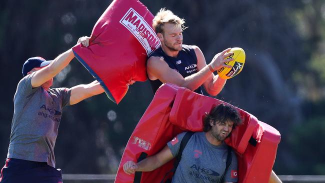 Watts gets involved in a marking drill. Picture: Michael Klein