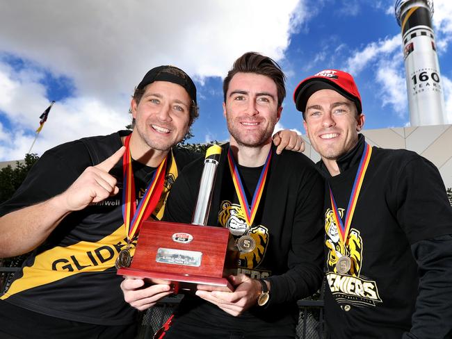 24.9.2019.SANFL Premiers Glenelg chimney unveiling at West End Brewery, Port rd, Hindmarsh.Matthew Snook,Jack Oatey Medal,Liam McBean,Ken Farmer Medal and Luke Partington,Magarey Medal.   PIC TAIT SCHMAAL.