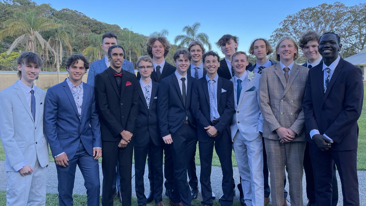 Lachlan Lowrey, Joseph Clarke, Oshae Coe, Sean Abel, Jeremy Clack, Brody Dalton, Will McCormack, Lachlan Marle, Caleb Hay, William Chapman, Jayden Duff, Taj Buck, Hamish Anderson, Joshua Henderson-Smith, Bennet Bar Reech at the St John Paul College Year 12 Formal. Picture: Matt Gazy