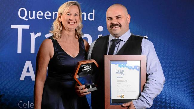 Brenda Witt, of MyneSight, and Seamus Taylor at the regional final of the 58th Queensland Training Awards. Picture: Contributed