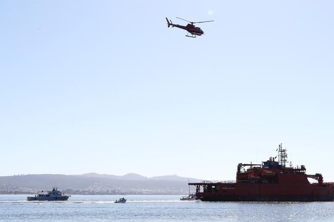 The Aurora Australis heads out of the Derwent River for the final time. Final voyage out of Hobart for the Aurora Australis. Picture: NIKKI DAVIS-JONES