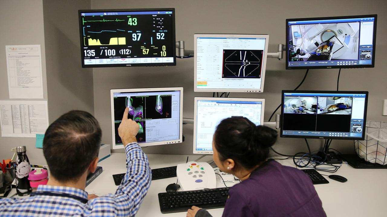 Radiation Oncologist Dr Neil Christensen and his team of nurses monitor Clubber during treatment. At the Oncology ward at SASH, surgical specialists and radiation oncologists provide a multidisciplinary co-operative approach for the care of patients. Picture: Tim Hunter.