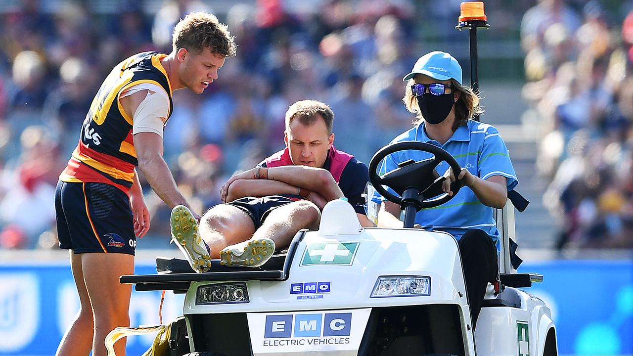 Kelly had to be stretchered from the field. Picture: Getty Images