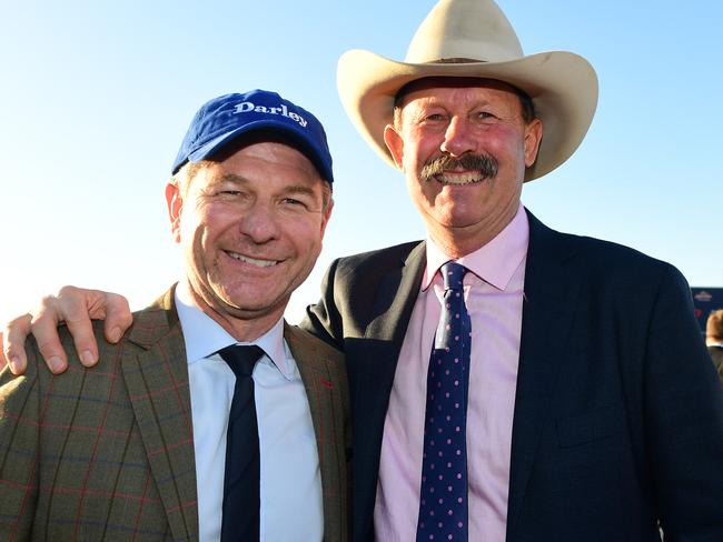 Present and the past: Current trainer Kris Lees and former trainer Greg Bennett after Clearly Innocent's win. Picture: Grant Peters