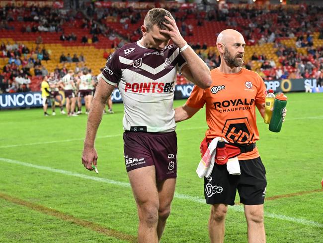 Manly star Tom Trbojevic has had a luckless run with injury after suffering another hamstring issue against the Dolphins on Friday. Credit: NRL Images.